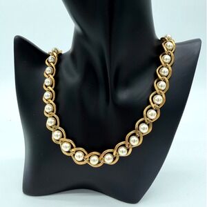 Signed Joan Rivers Gold Tone Faux Pearl Link Necklace Vintage Statement